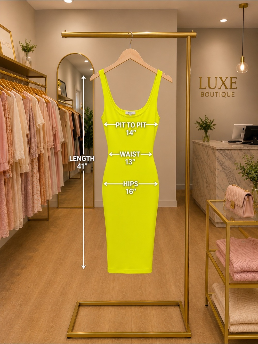 NWOT Zara Neon Yellow Square-Neck Bodycon Midi Dress - Picture 3 of 6